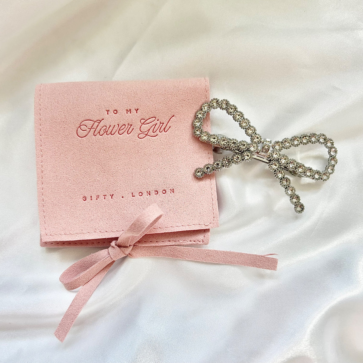 Flower girl bow hair clip and luxury gift pouch - product view 3
