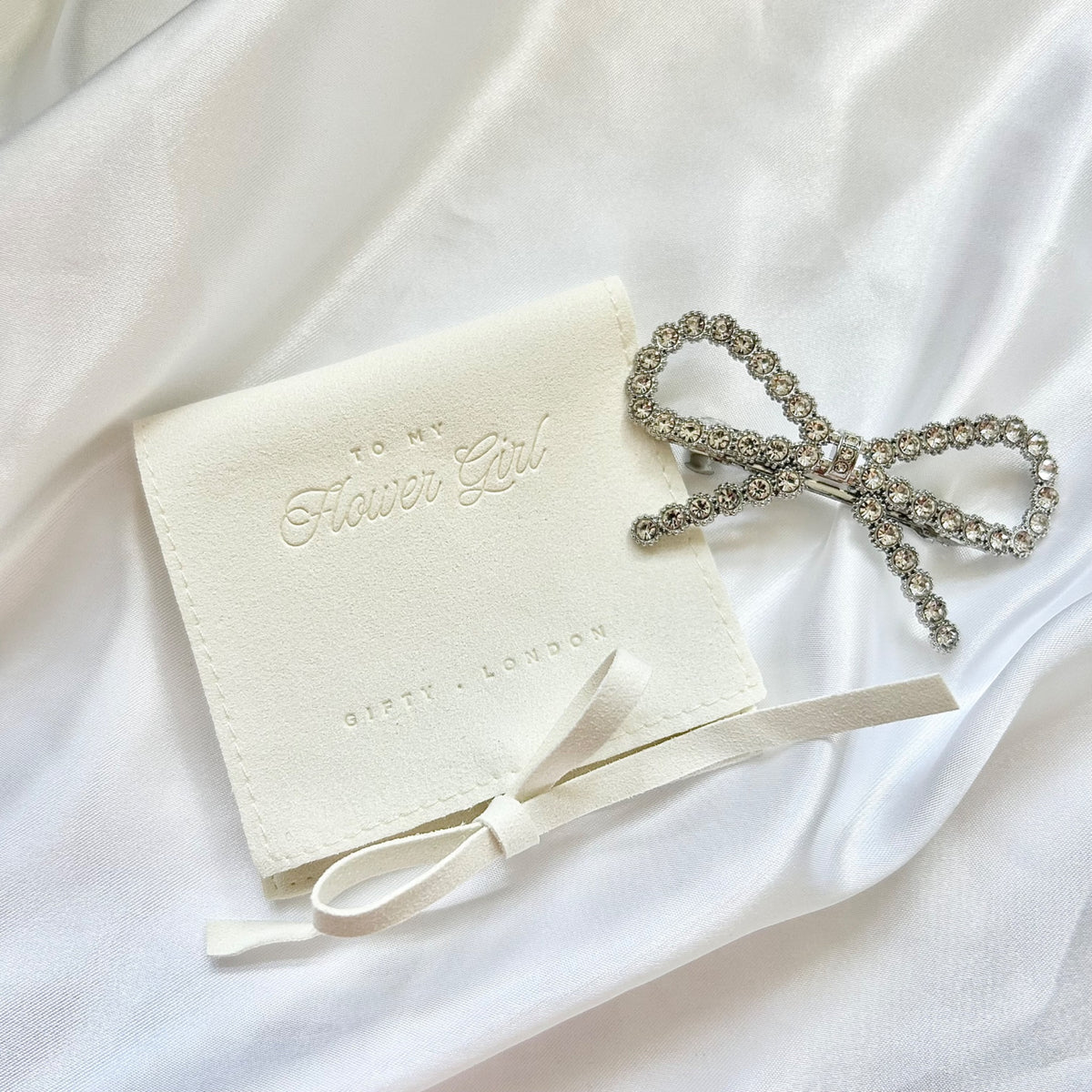 Flower girl bow hair clip and luxury gift pouch - product view 6
