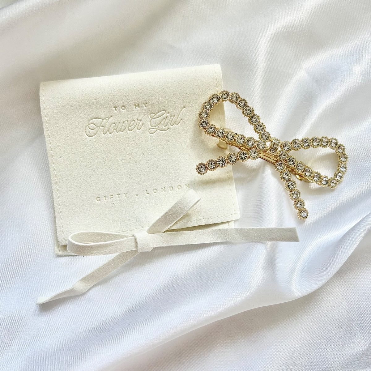 Flower girl bow hair clip and luxury gift pouch - product view 5