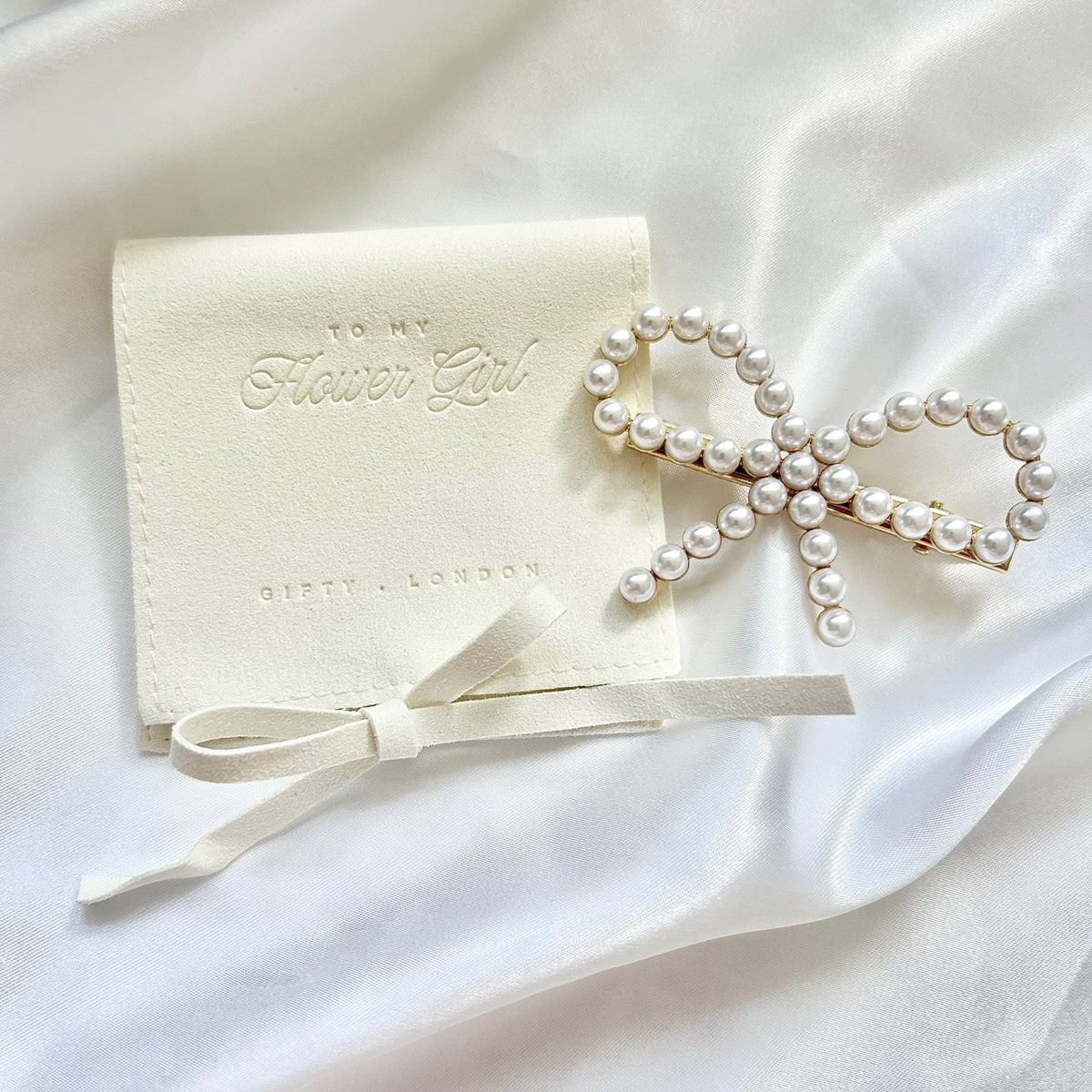 Flower girl bow hair clip and luxury gift pouch - product view 4