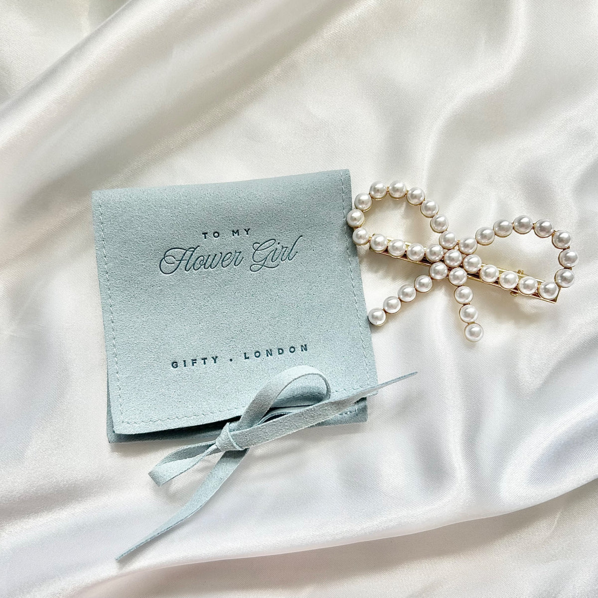 Flower girl bow hair clip and luxury gift pouch - product view 7