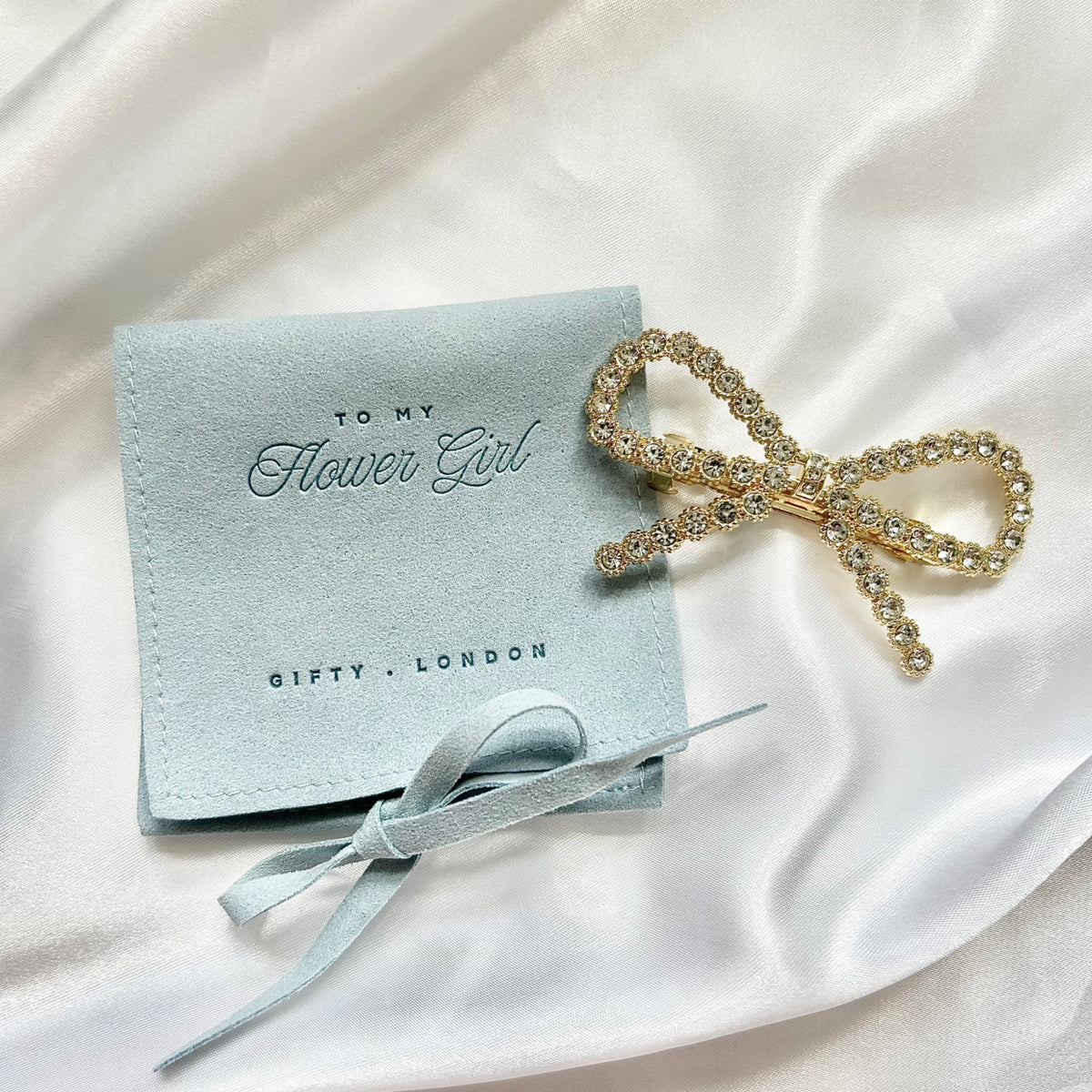 Flower girl bow hair clip and luxury gift pouch - product view 10