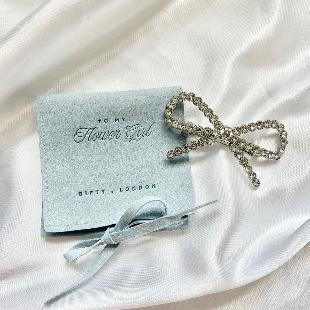 Flower girl bow hair clip and luxury gift pouch - product view 9