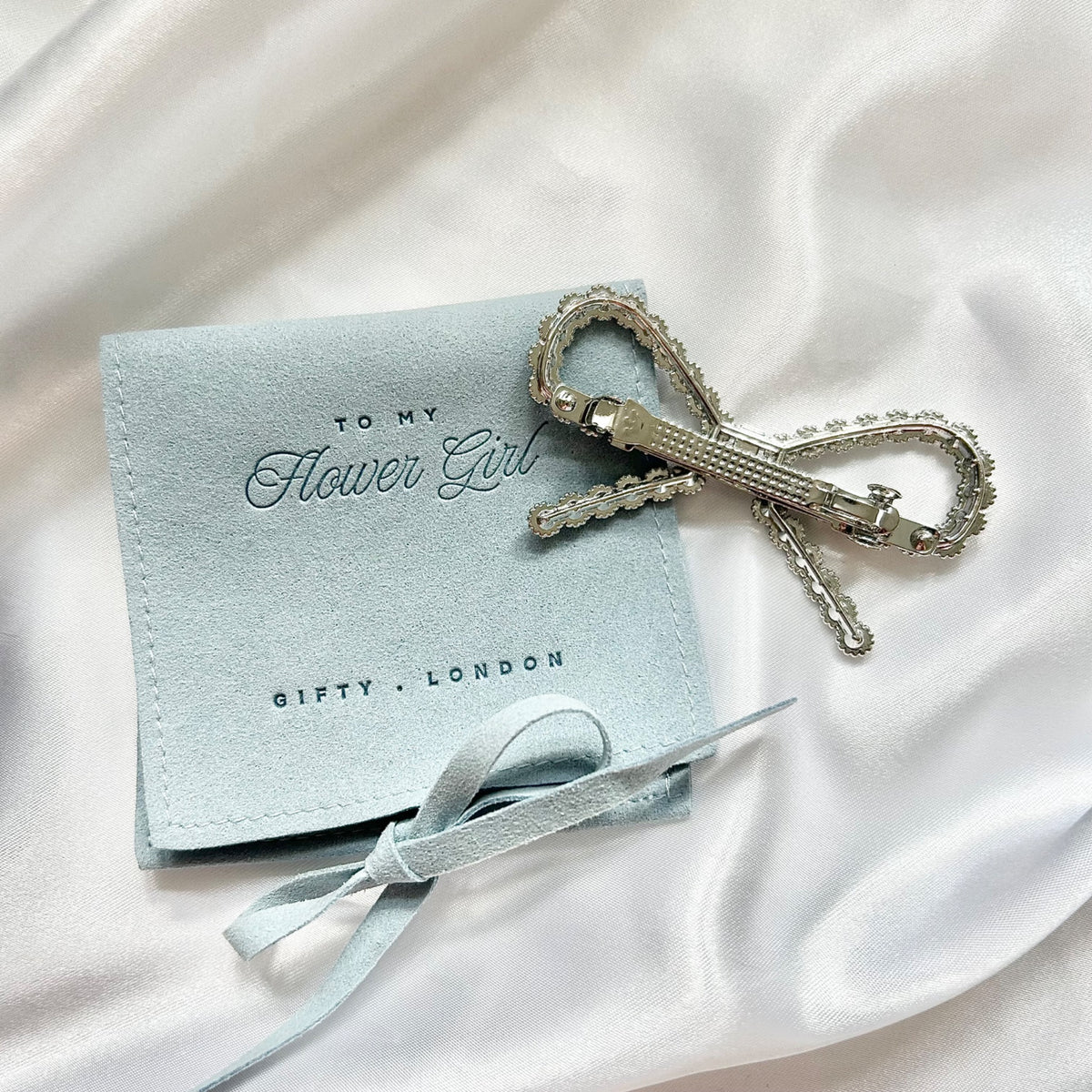 Flower girl bow hair clip and luxury gift pouch - product view 8
