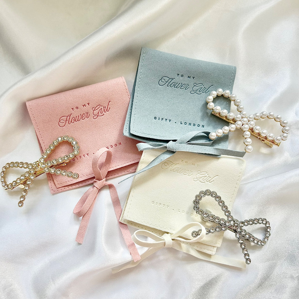 Flower girl proposal gift bow hair clips in cream blue and pink gift pouches