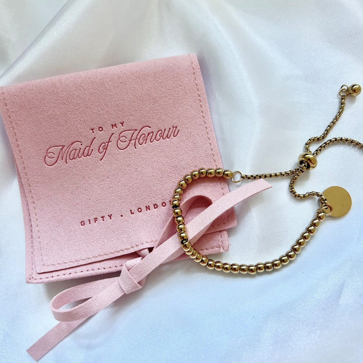 Gifty London bridal party gold or silver beaded bracelet with gift pouch
