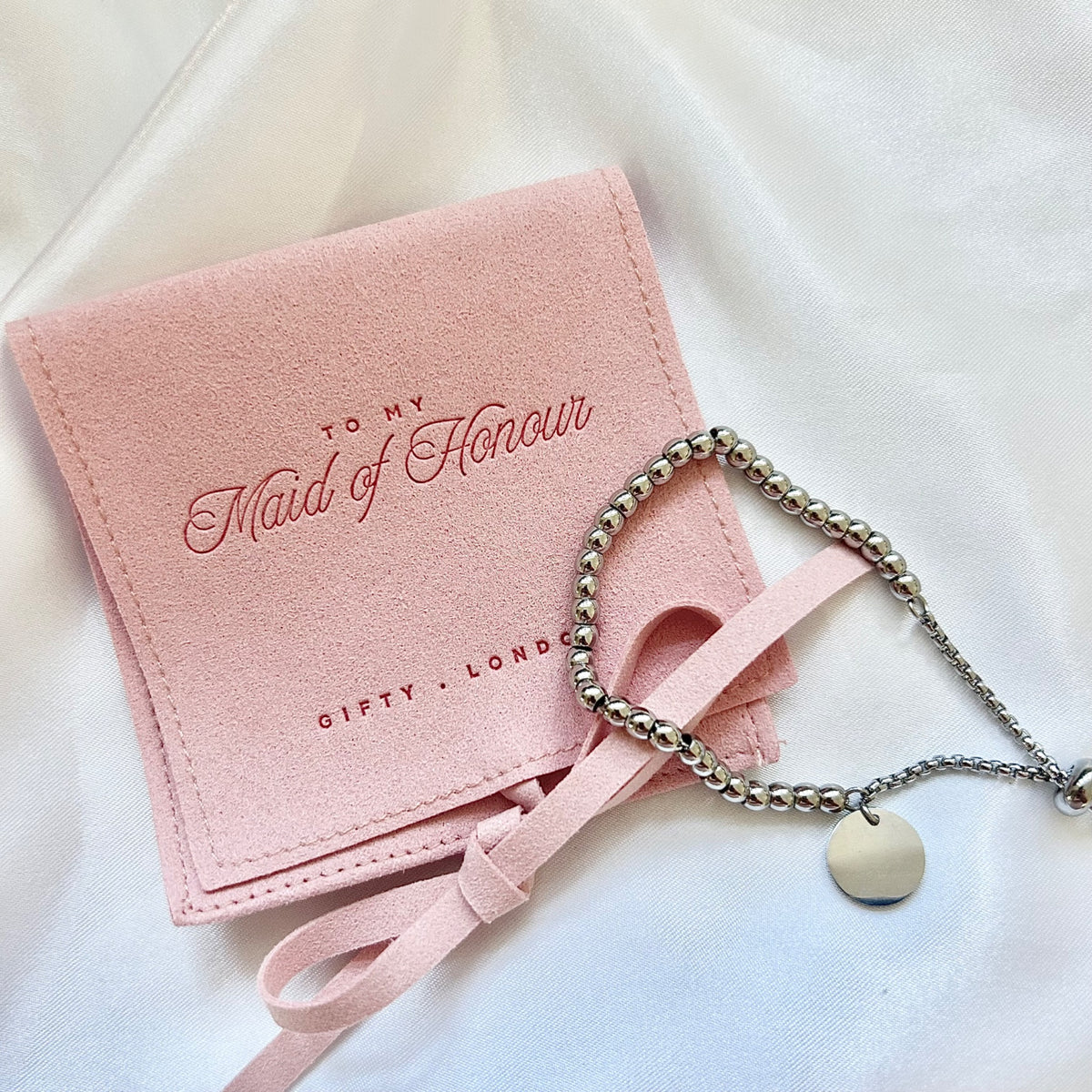 Gifty London bridal party gold or silver beaded bracelet with gift pouch