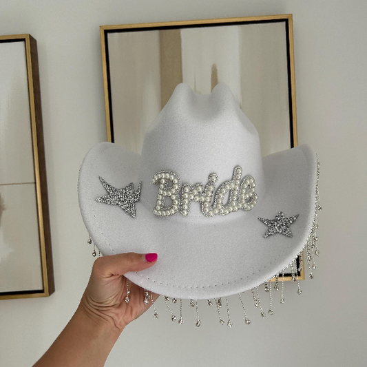 Fringe White Pearl Bride Cowboy Hat
