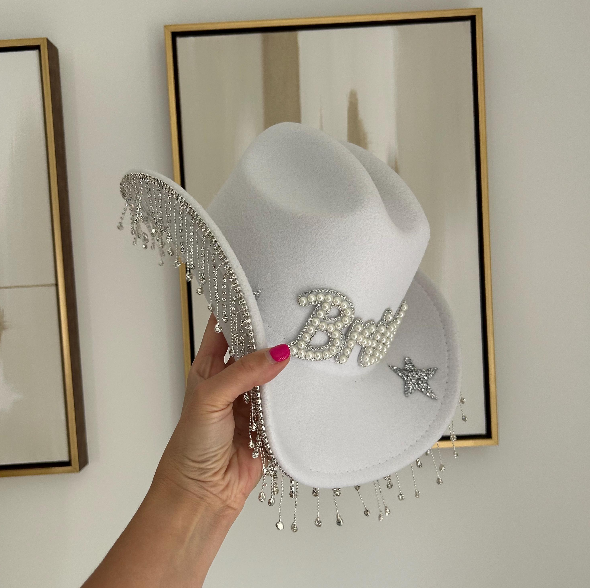Fringe White Pearl Bride Cowboy Hat