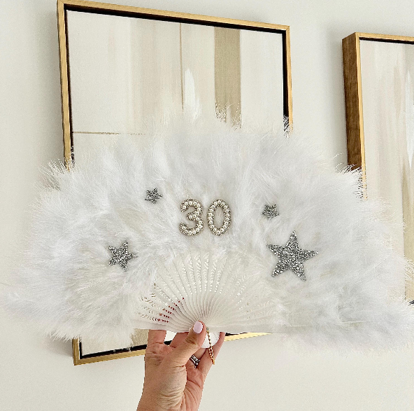 White Personalised Birthday Feather Fan W/ Star Patches