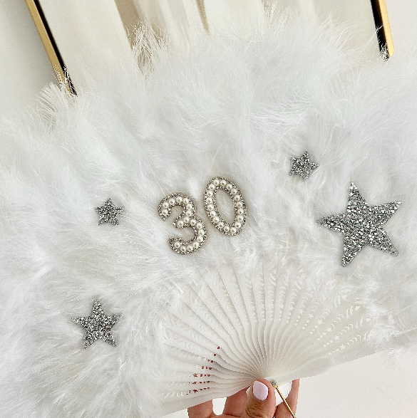 White Personalised Birthday Feather Fan W/ Star Patches