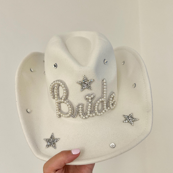 Studded White Pearl Bride Cowboy Hat