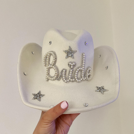 Studded White Pearl Bride Cowboy Hat