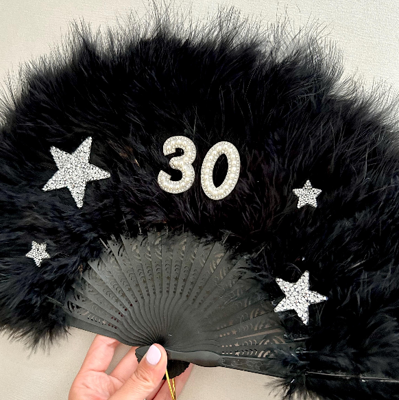 White Personalised Birthday Feather Fan W/ Star Patches