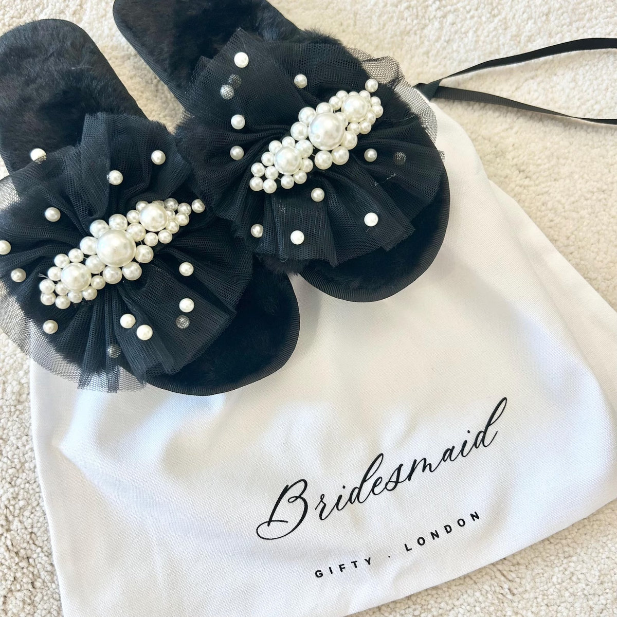 Black tulle and pearl bridesmaid slippers with personalised dust bag
