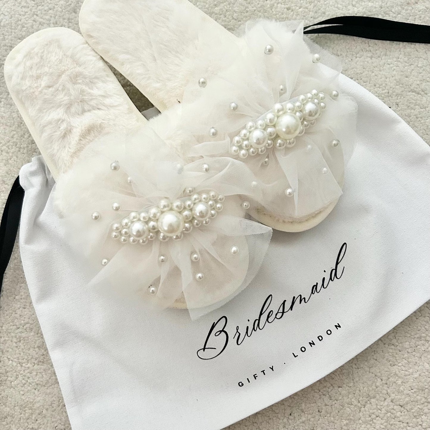 Cream tulle and pearl bridesmaid slippers with personalised dust bag