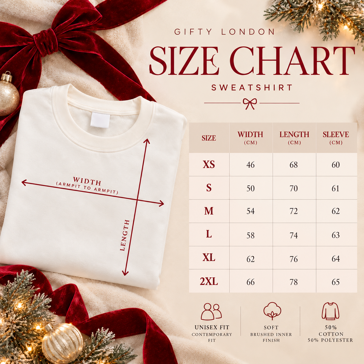 Gifty London sweatshirt size chart XS to 2XL for Last Christmas as a Miss and First Christmas as a Mrs