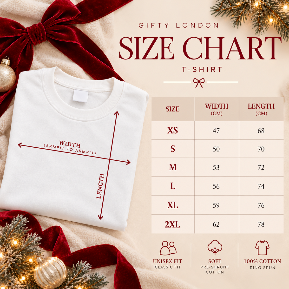 Gifty London T-shirt size chart XS to 2XL for Last Christmas as a Miss and First Christmas as a Mrs