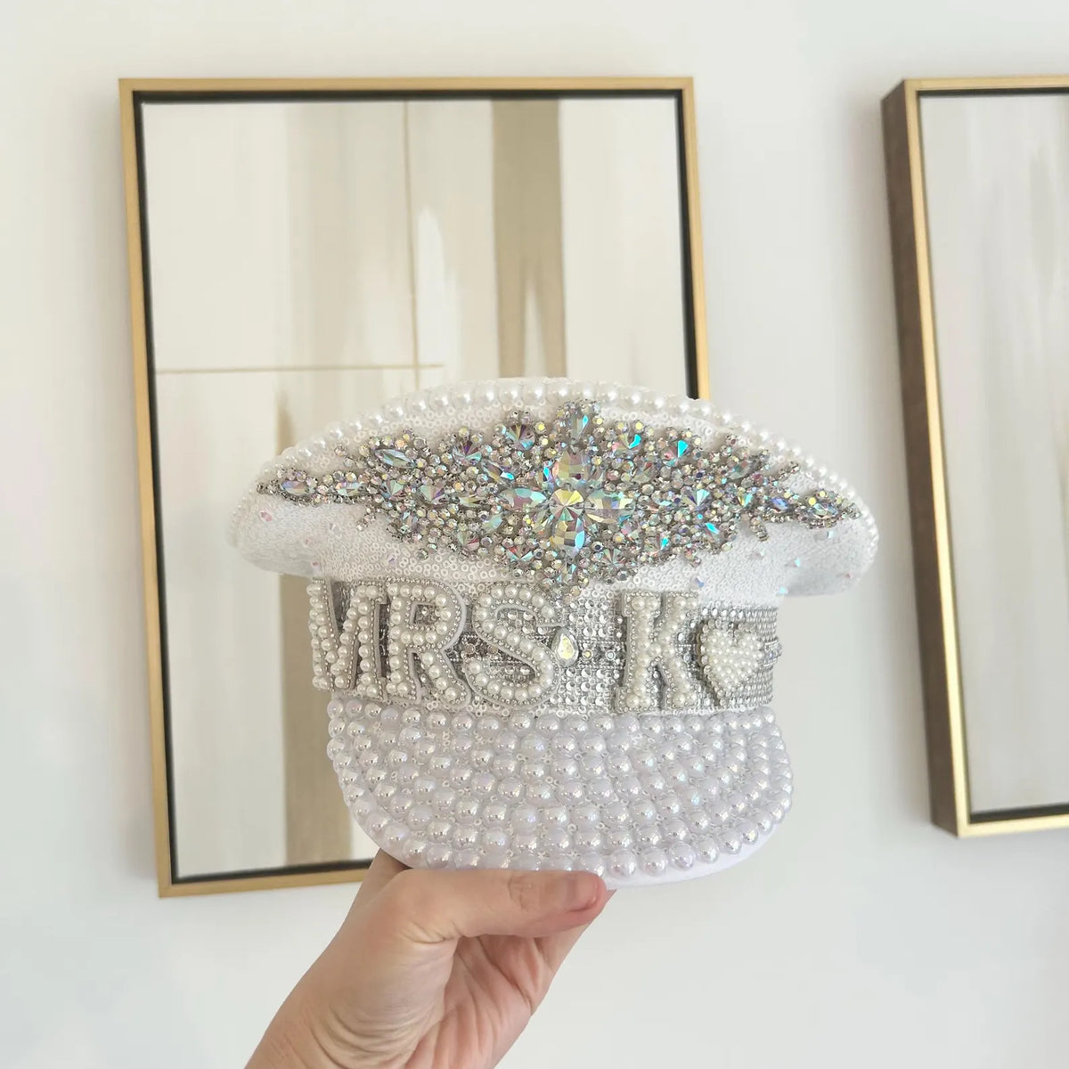 Front view white pearl crystal Mrs personalised bride hat