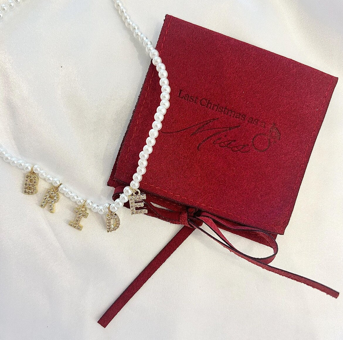 Personalised pearl bridal necklace with sparkling BRIDE letter charms