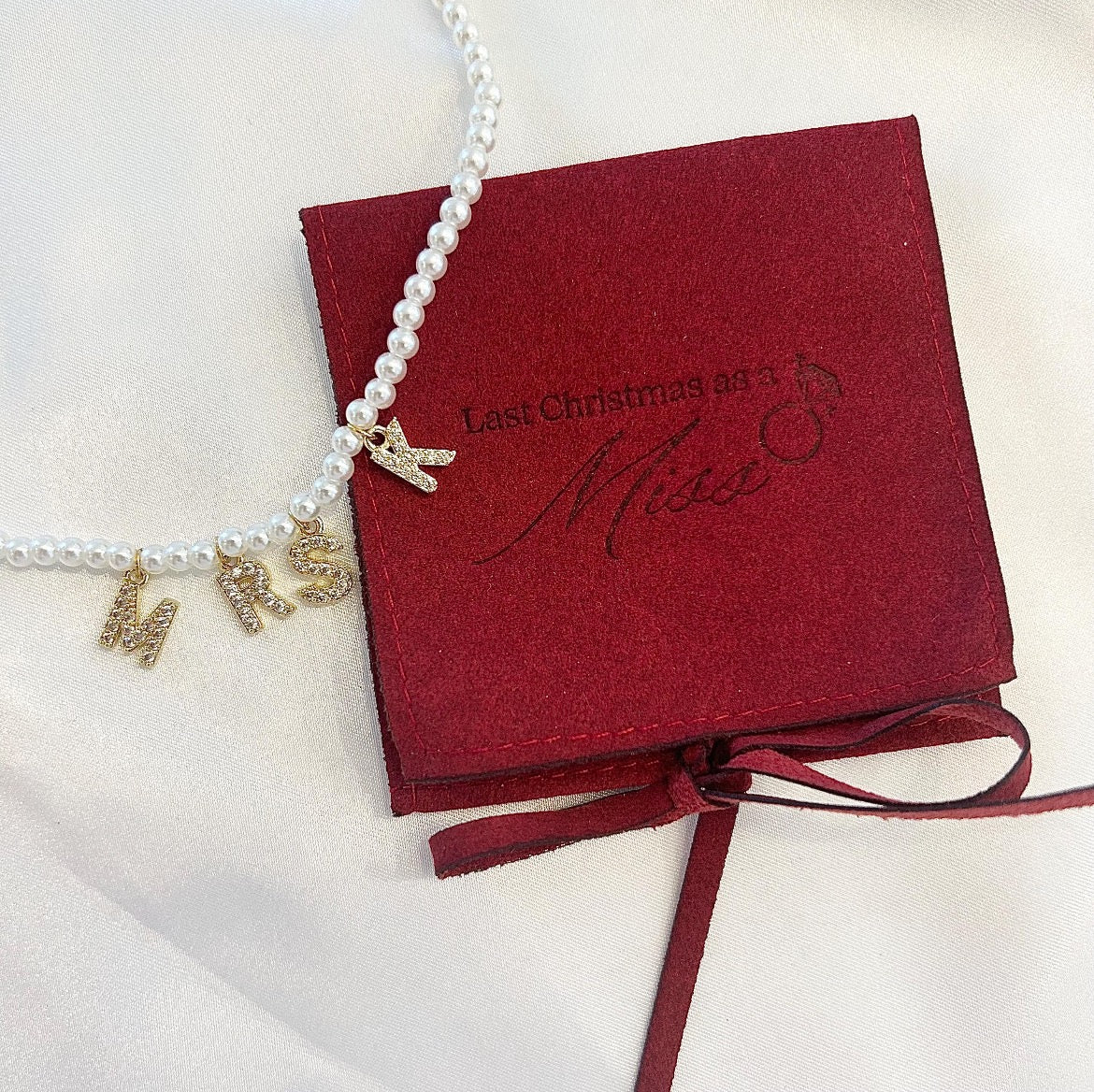 Personalised pearl bridal necklace with sparkling MRS letter charms