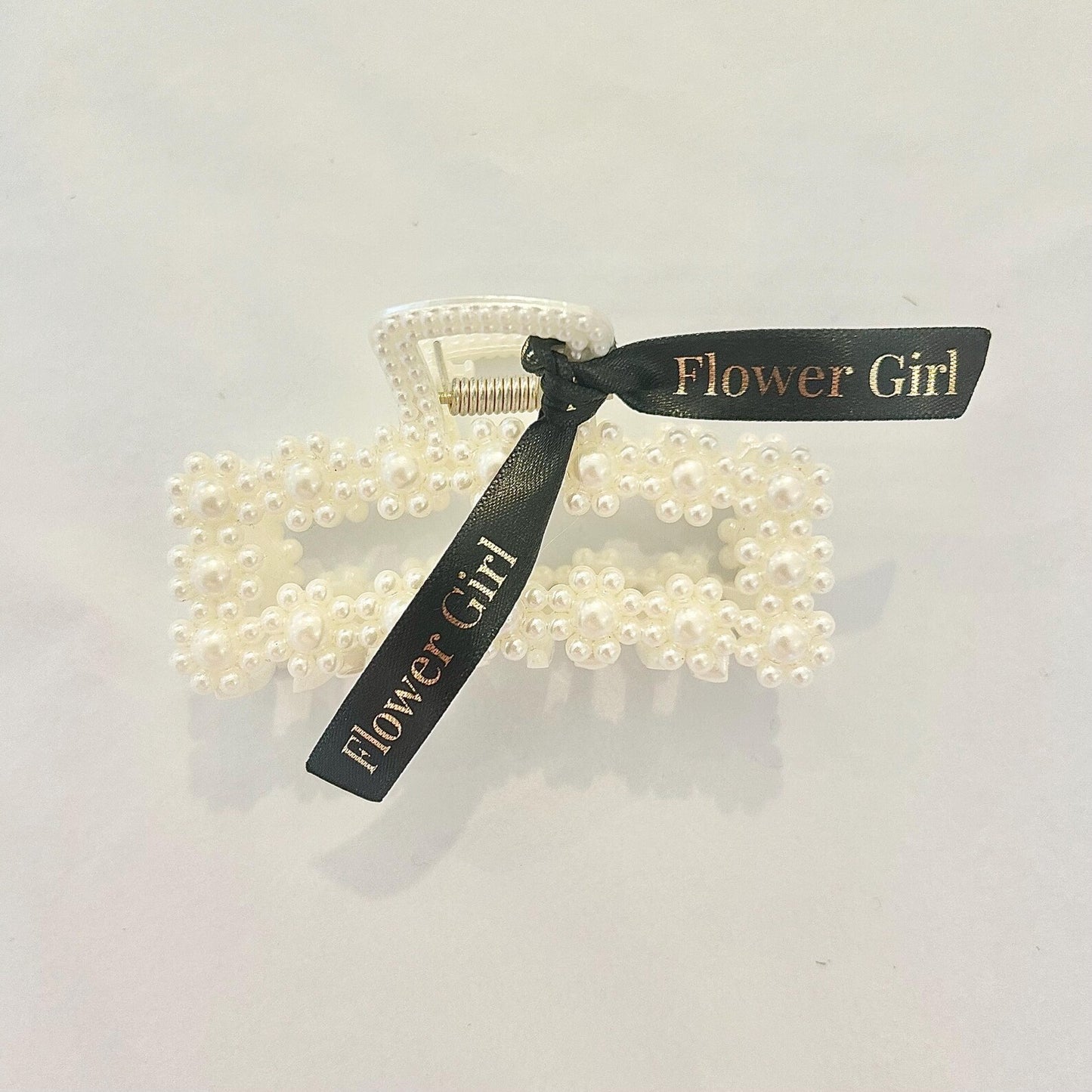 Personalised square pearl Flower Girl hair clip with black ribbon