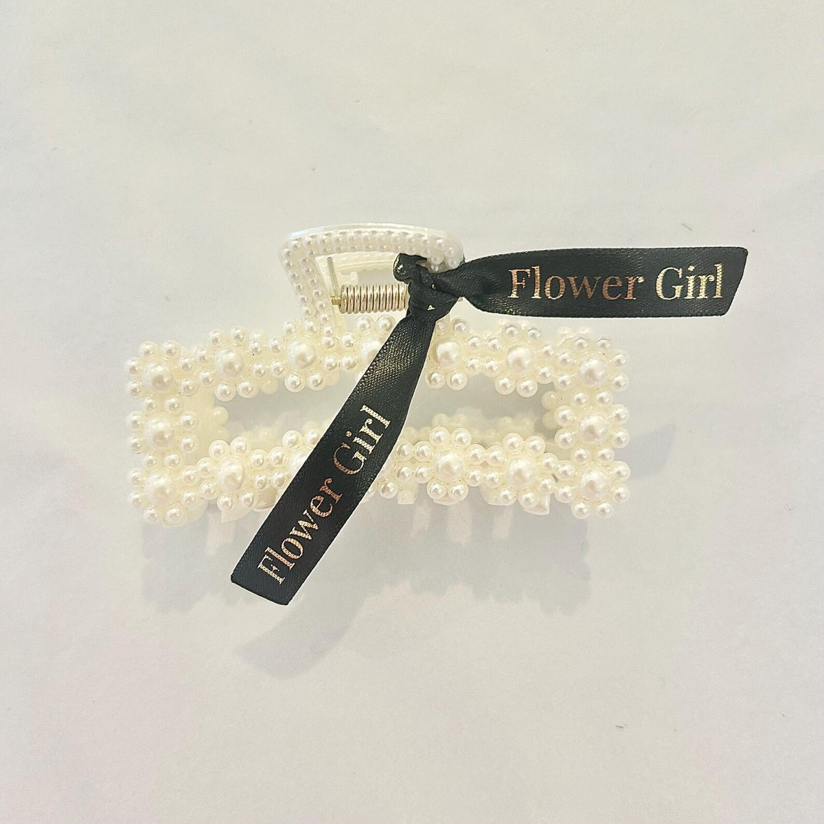 Personalised square pearl Flower Girl hair clip with black ribbon