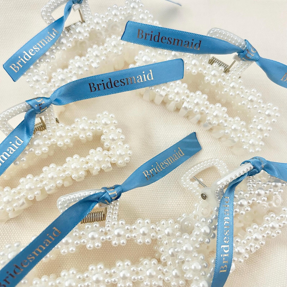 Personalised square pearl Bridesmaid hair clips with blue ribbon