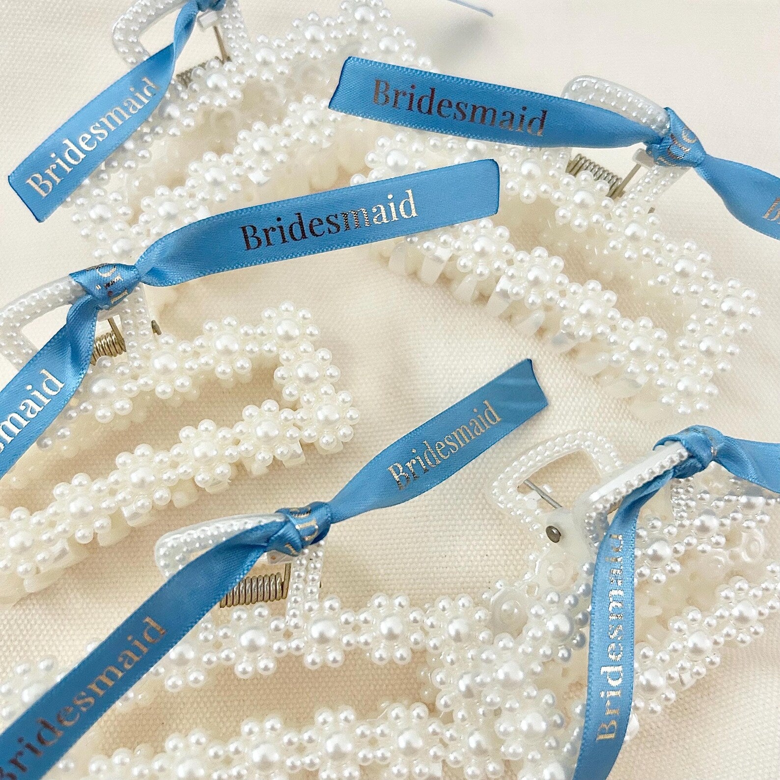 Personalised square pearl Bridesmaid hair clips with blue ribbon