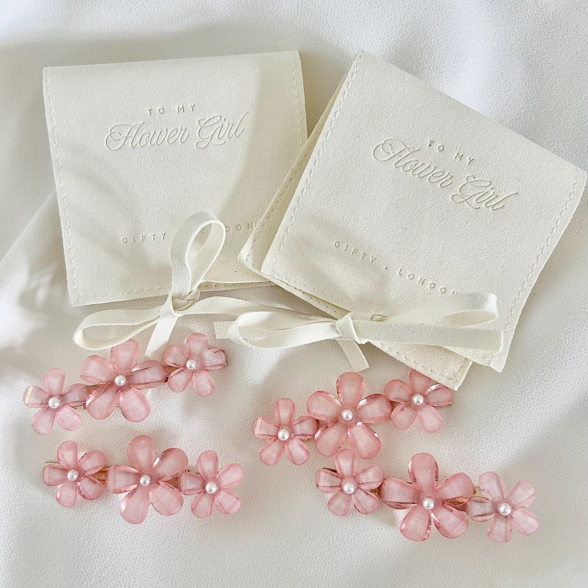 Pink floral Flower Girl hair clips with cream keepsake pouch