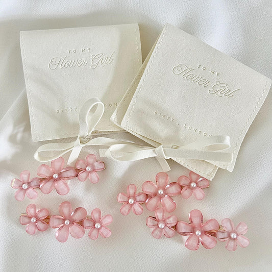 Pink floral Flower Girl hair clips with cream keepsake pouch