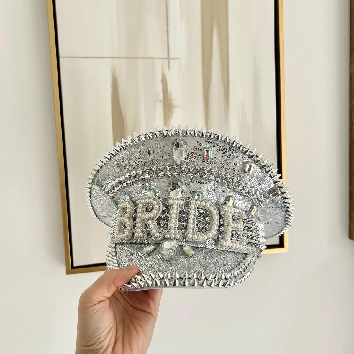 Silver spike personalised BRIDE hat with sequins and crystals