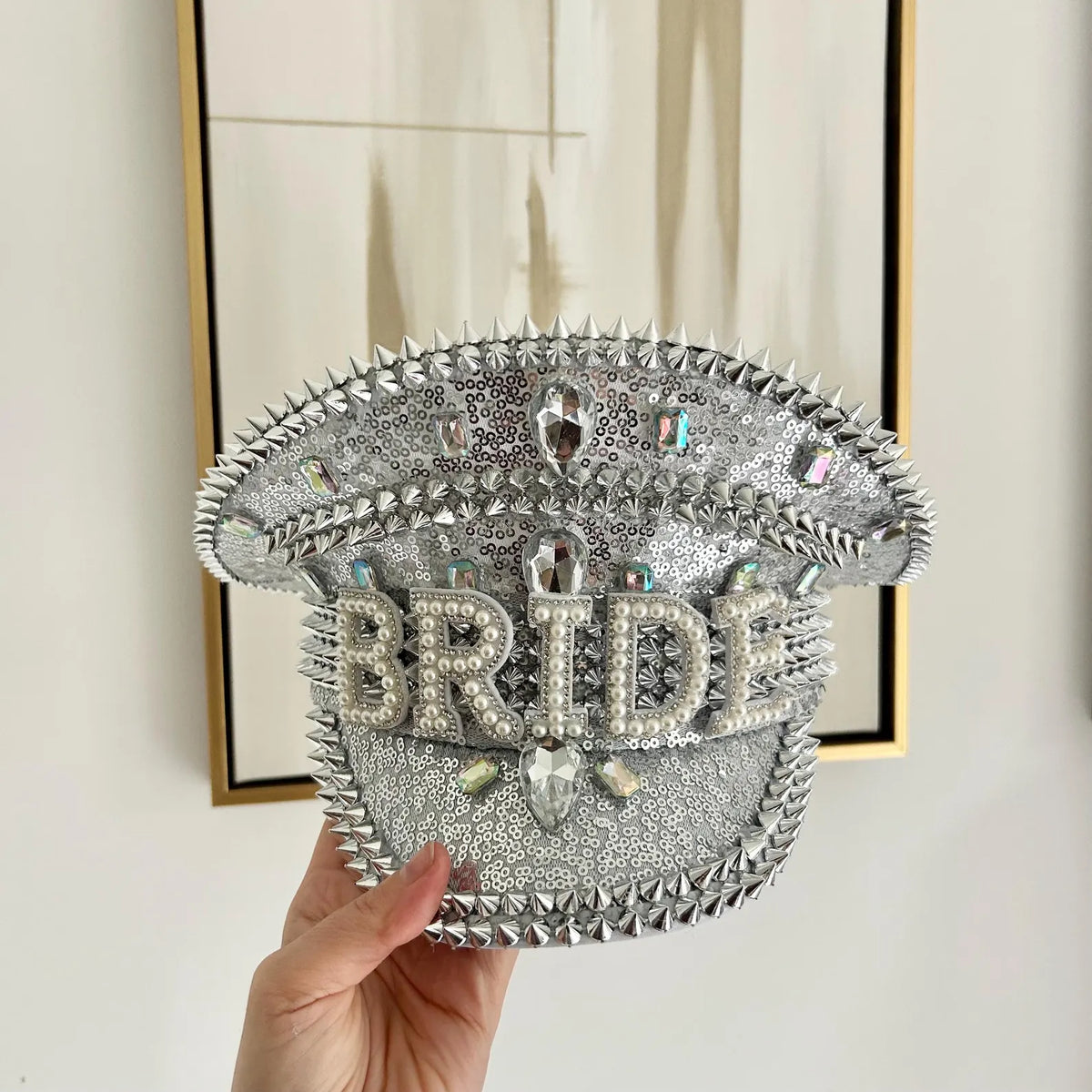 Front view silver spike BRIDE personalised hen party hat