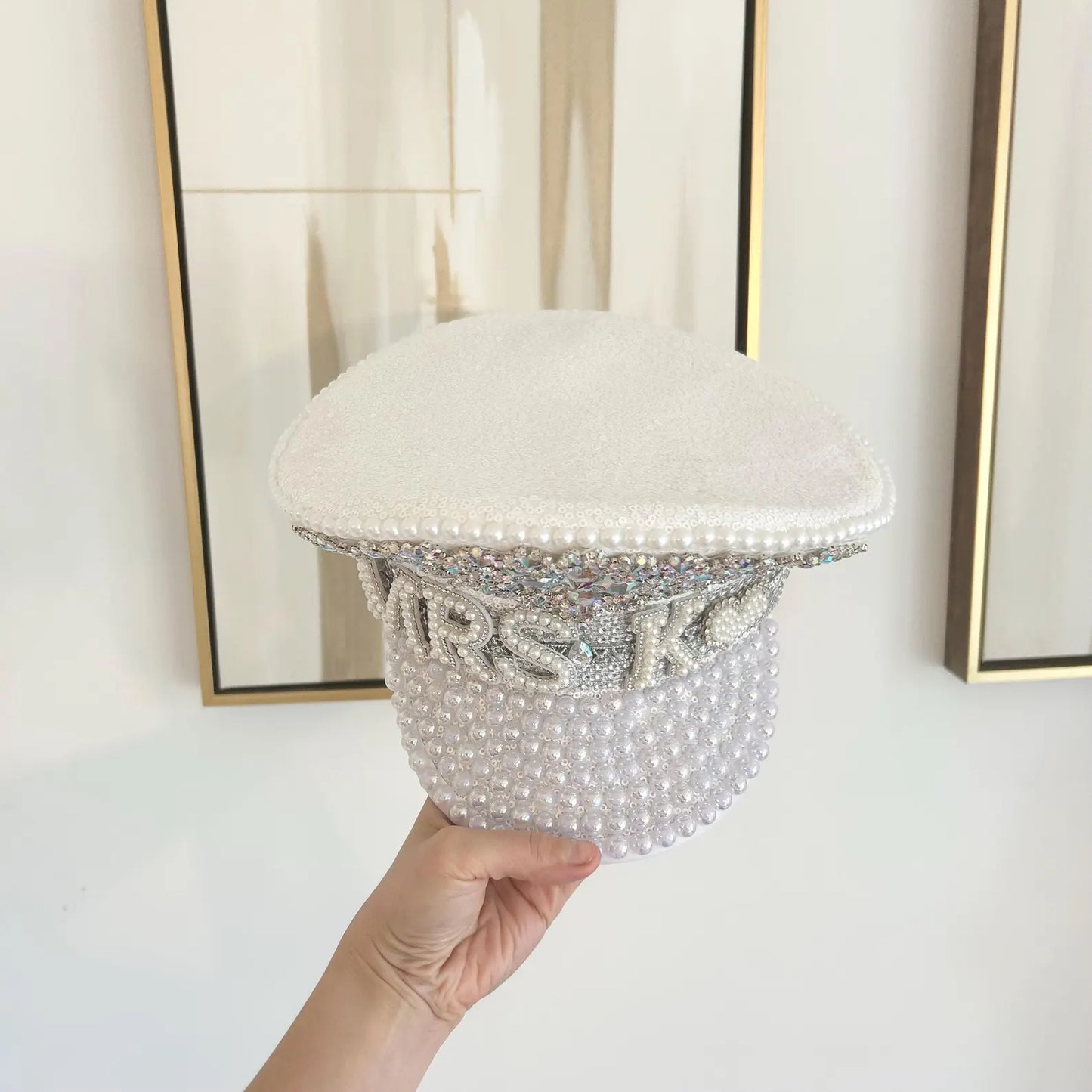 White pearl personalised bride hat with crystal embellishment