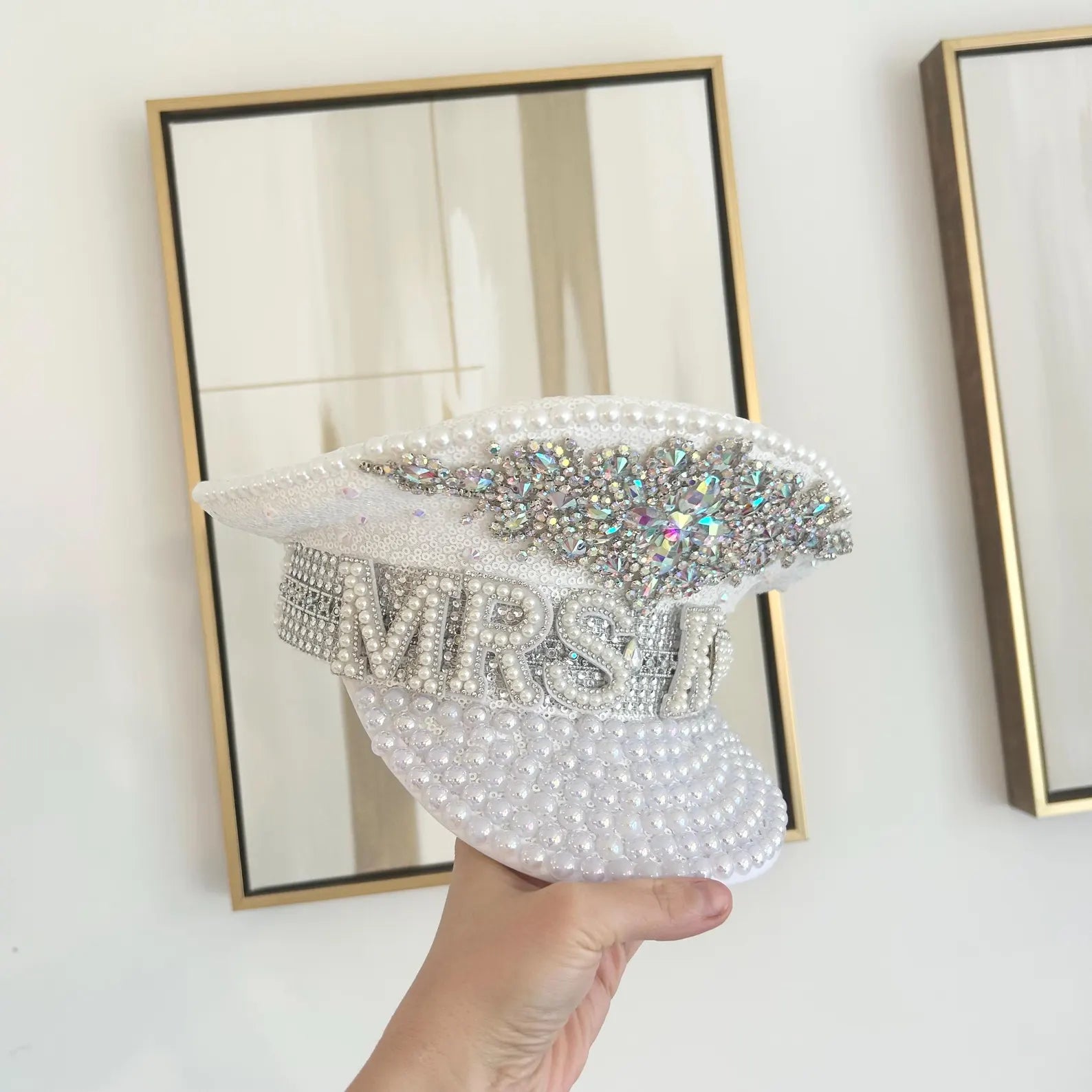 White pearl and crystal personalised Mrs bridal hat